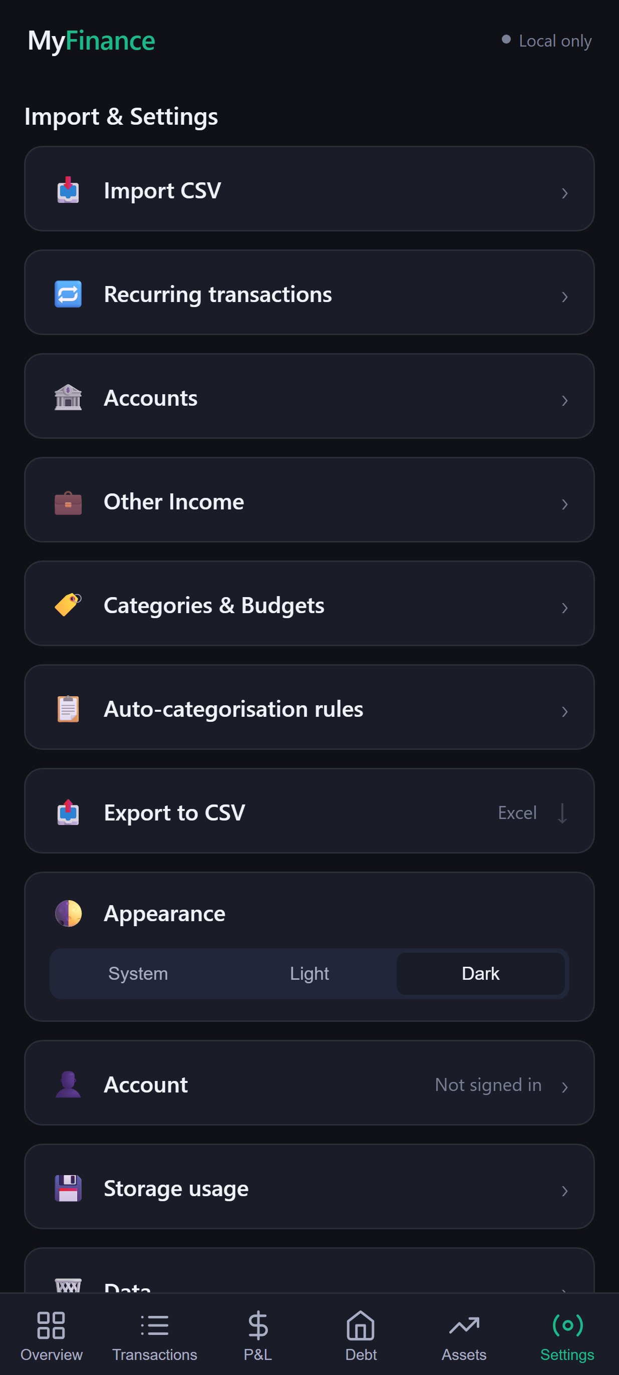 My Finance settings and import screen on Android